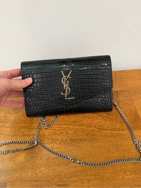 Saint Laurent Black Croc-Embossed Chain Crossbody with silver YSL Logo